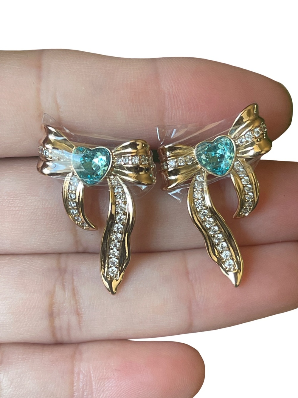 Blue Heart Stone Bow Earrings - Picture 1 of 1